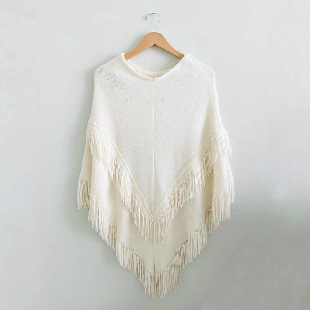 Covington Cream White Chevron Fringe Knit Poncho